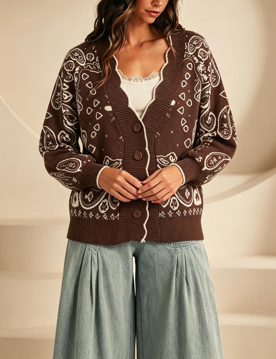 image:imageYeokou Womens Paisley Sweater Scalloped Trim Button Knit Cardigan JacketCoffee