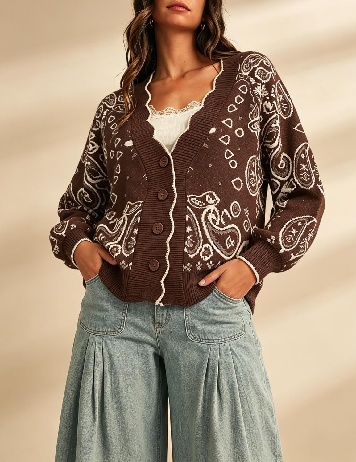 image:imageYeokou Womens Paisley Sweater Scalloped Trim Button Knit Cardigan JacketCoffee