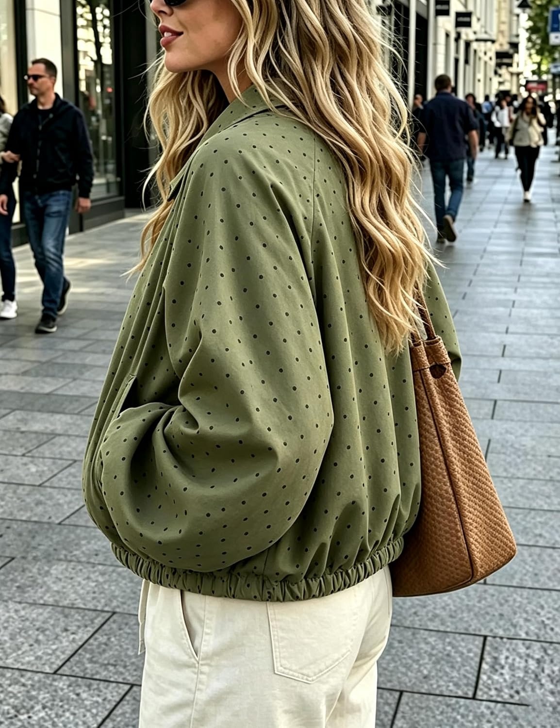 image:imageYeokou Womens Polka Dot Cropped Zip Up Jacket Bomber Coat Fall OuterwearArmygreen
