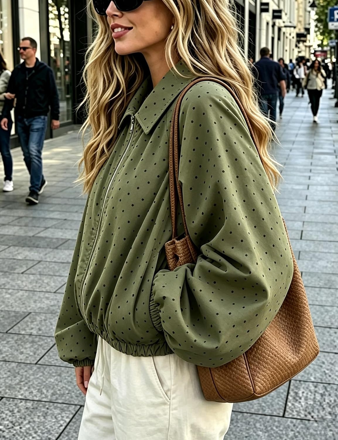 image:imageYeokou Womens Polka Dot Cropped Zip Up Jacket Bomber Coat Fall OuterwearArmygreen