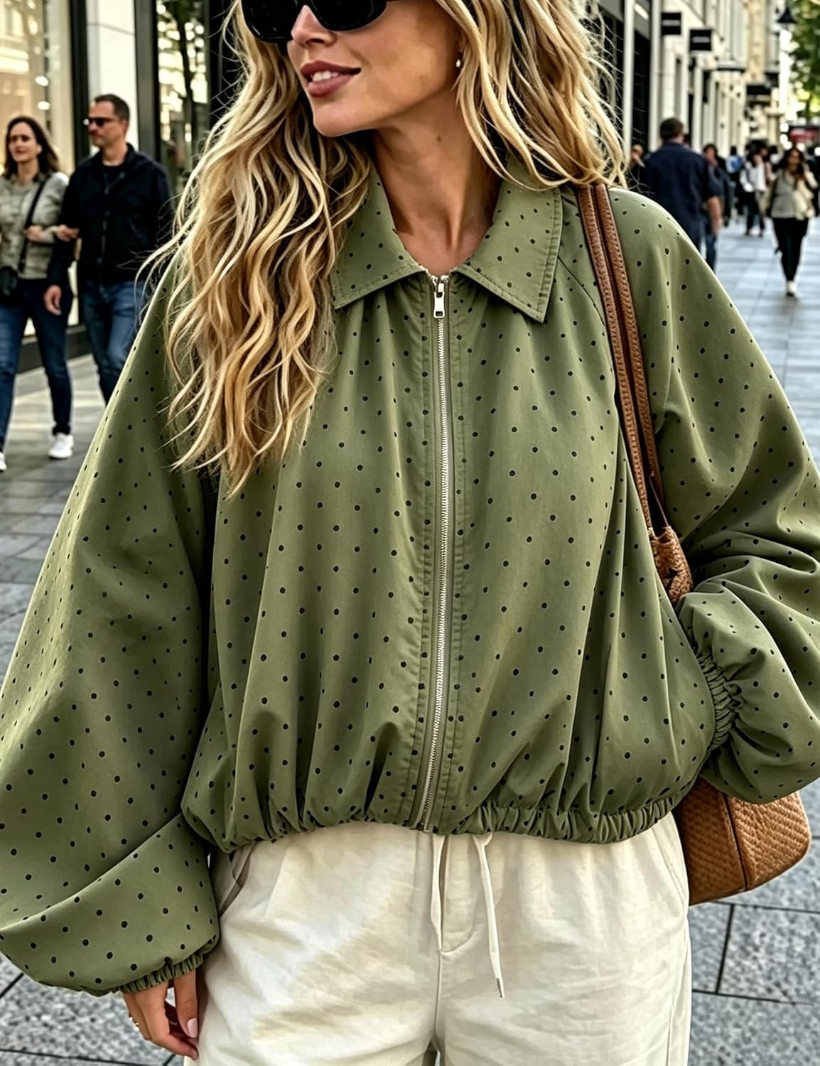 image:imageYeokou Womens Polka Dot Cropped Zip Up Jacket Bomber Coat Fall OuterwearArmygreen
