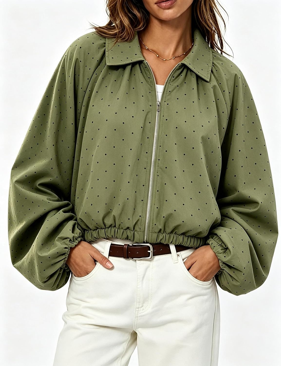 image:imageYeokou Womens Polka Dot Cropped Zip Up Jacket Bomber Coat Fall OuterwearArmygreen