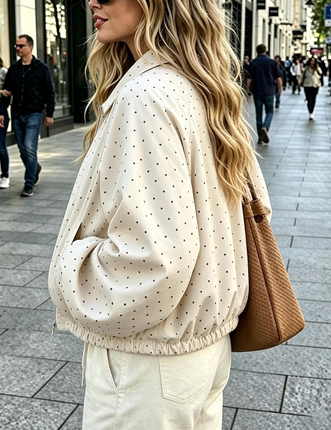 image:imageYeokou Womens Polka Dot Cropped Zip Up Jacket Bomber Coat Fall OuterwearBeige