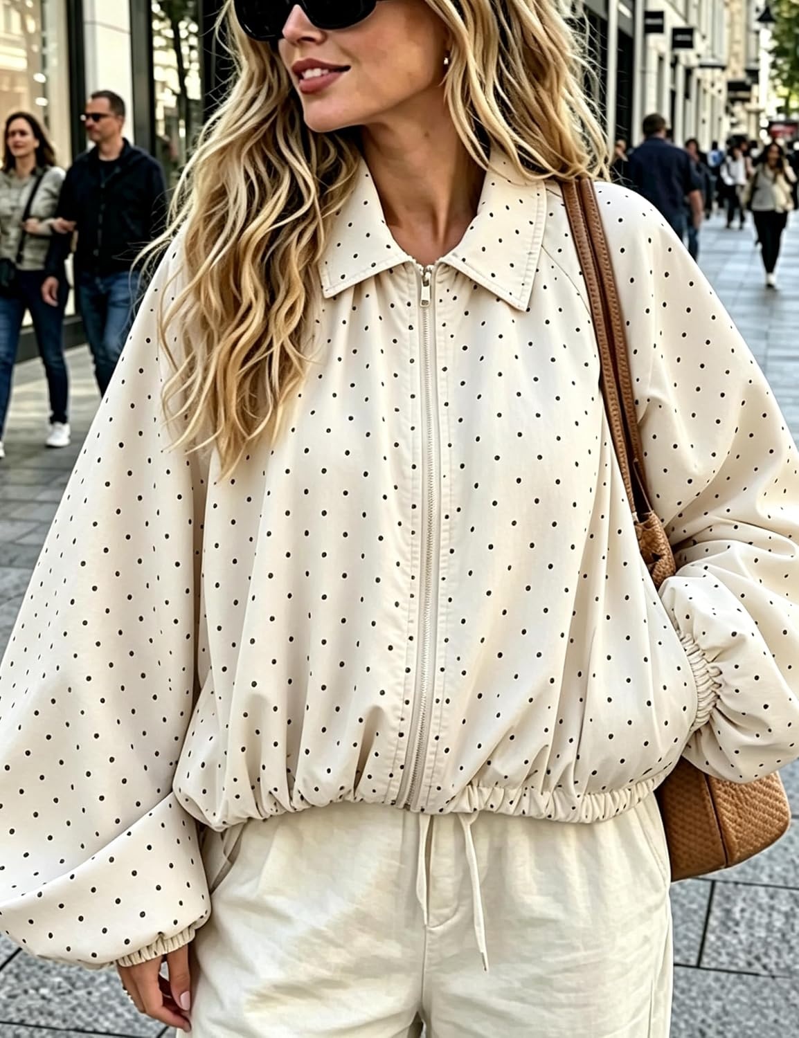 image:imageYeokou Womens Polka Dot Cropped Zip Up Jacket Bomber Coat Fall OuterwearBeige