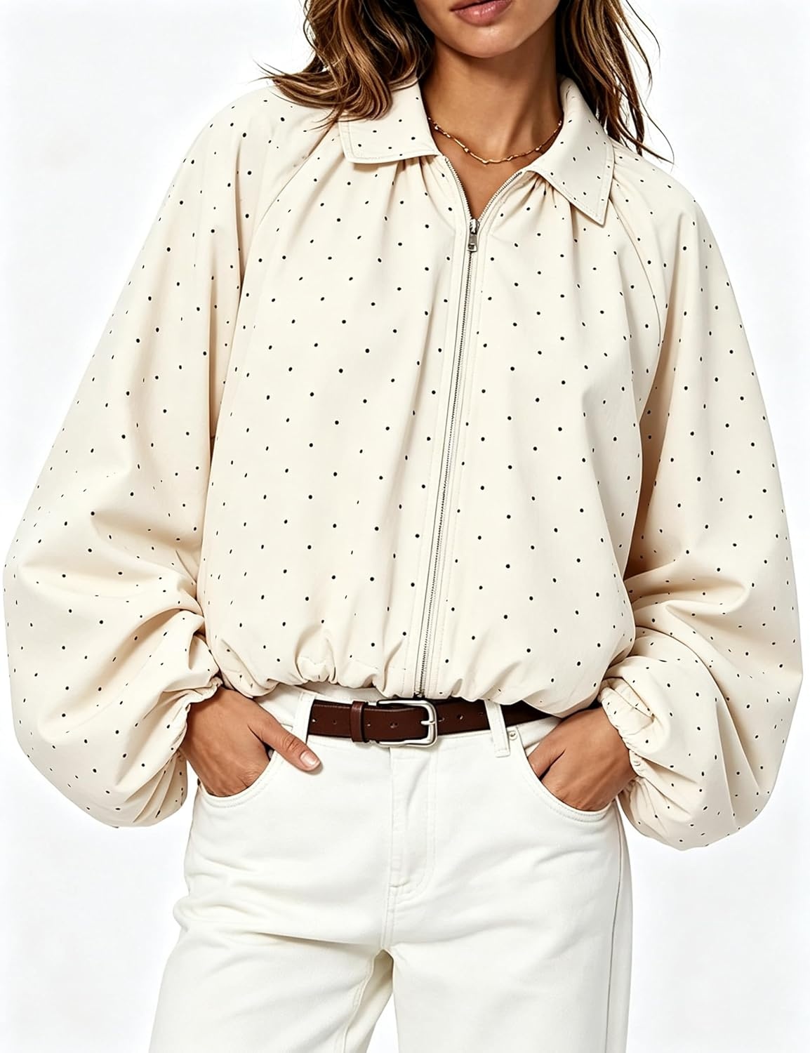image:imageYeokou Womens Polka Dot Cropped Zip Up Jacket Bomber Coat Fall OuterwearBeige