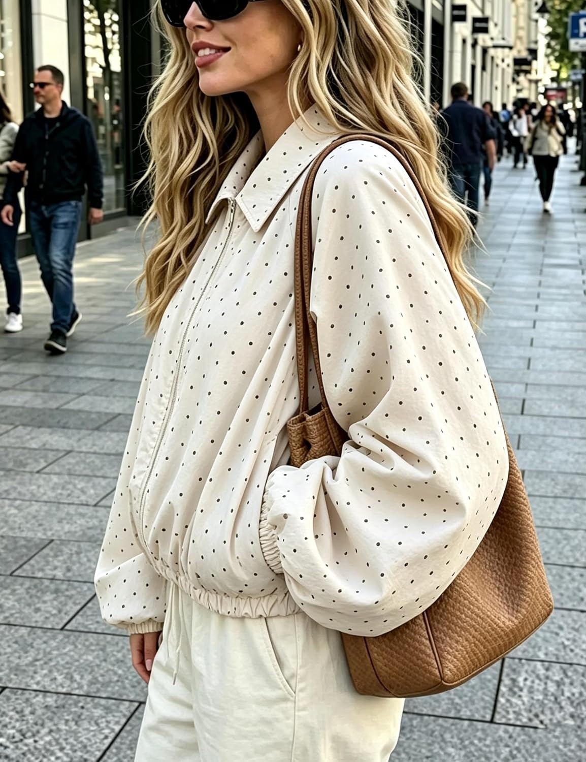 image:imageYeokou Womens Polka Dot Cropped Zip Up Jacket Bomber Coat Fall OuterwearBeige