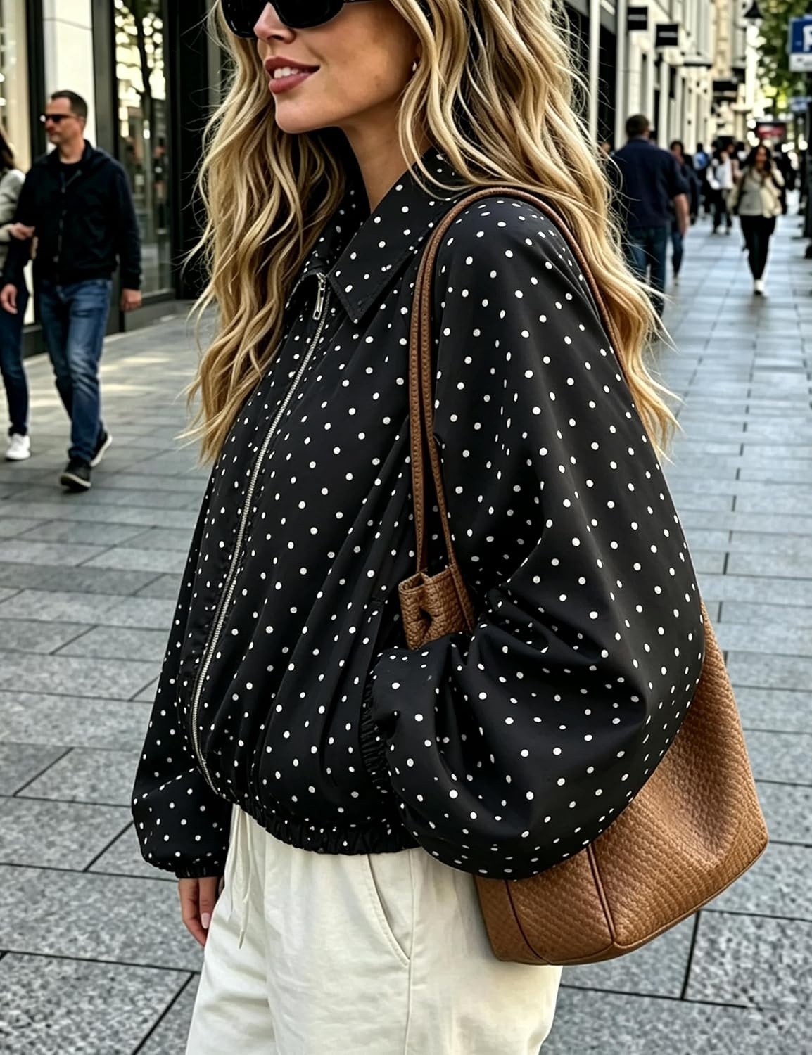 image:imageYeokou Womens Polka Dot Cropped Zip Up Jacket Bomber Coat Fall OuterwearBlack
