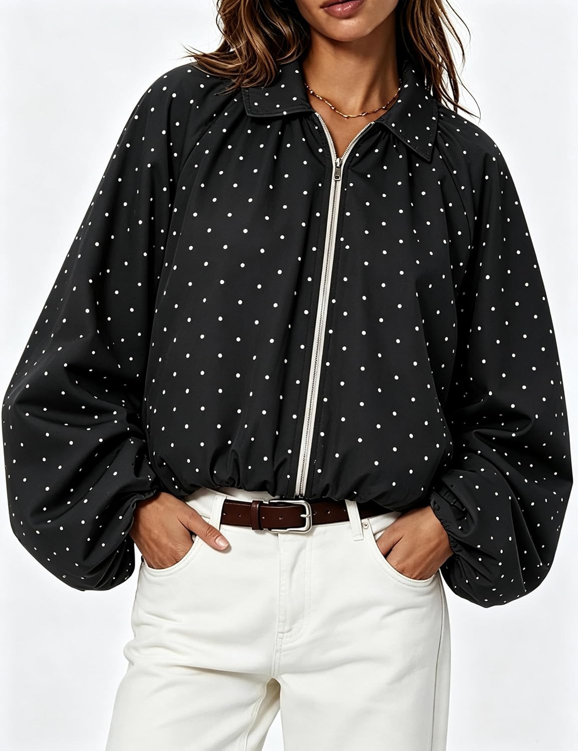 image:imageYeokou Womens Polka Dot Cropped Zip Up Jacket Bomber Coat Fall OuterwearBlack