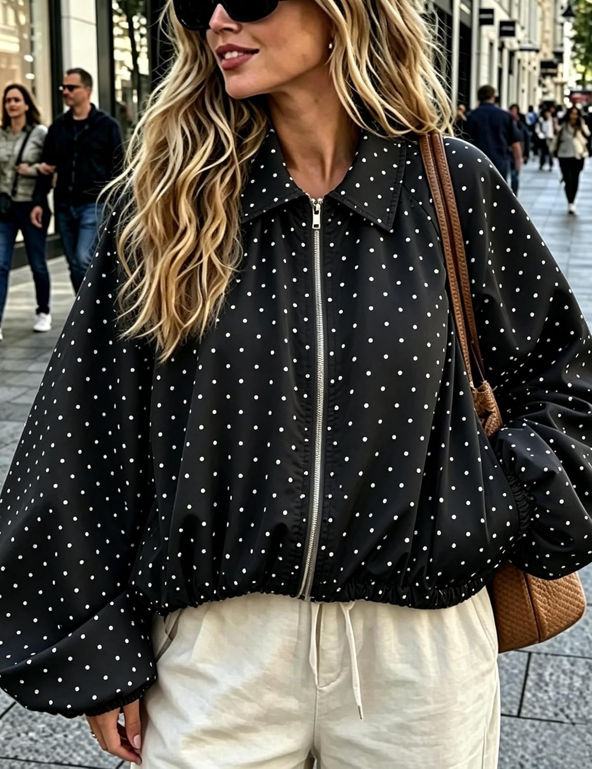 image:imageYeokou Womens Polka Dot Cropped Zip Up Jacket Bomber Coat Fall OuterwearBlack