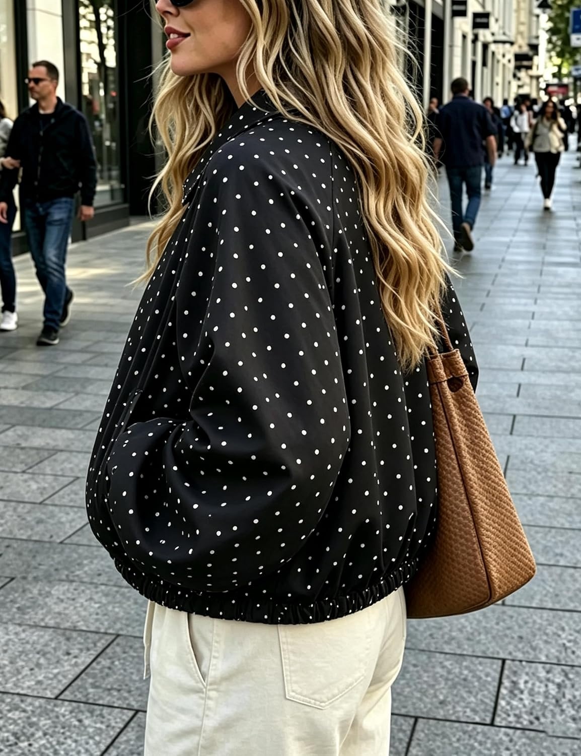 image:imageYeokou Womens Polka Dot Cropped Zip Up Jacket Bomber Coat Fall OuterwearBlack