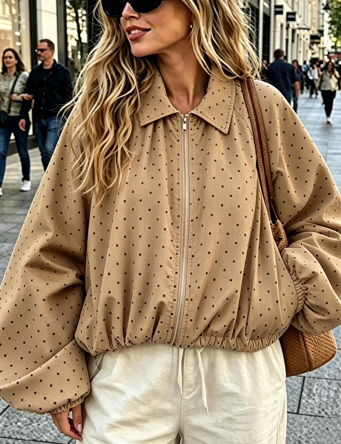 image:imageYeokou Womens Polka Dot Cropped Zip Up Jacket Bomber Coat Fall OuterwearBrown
