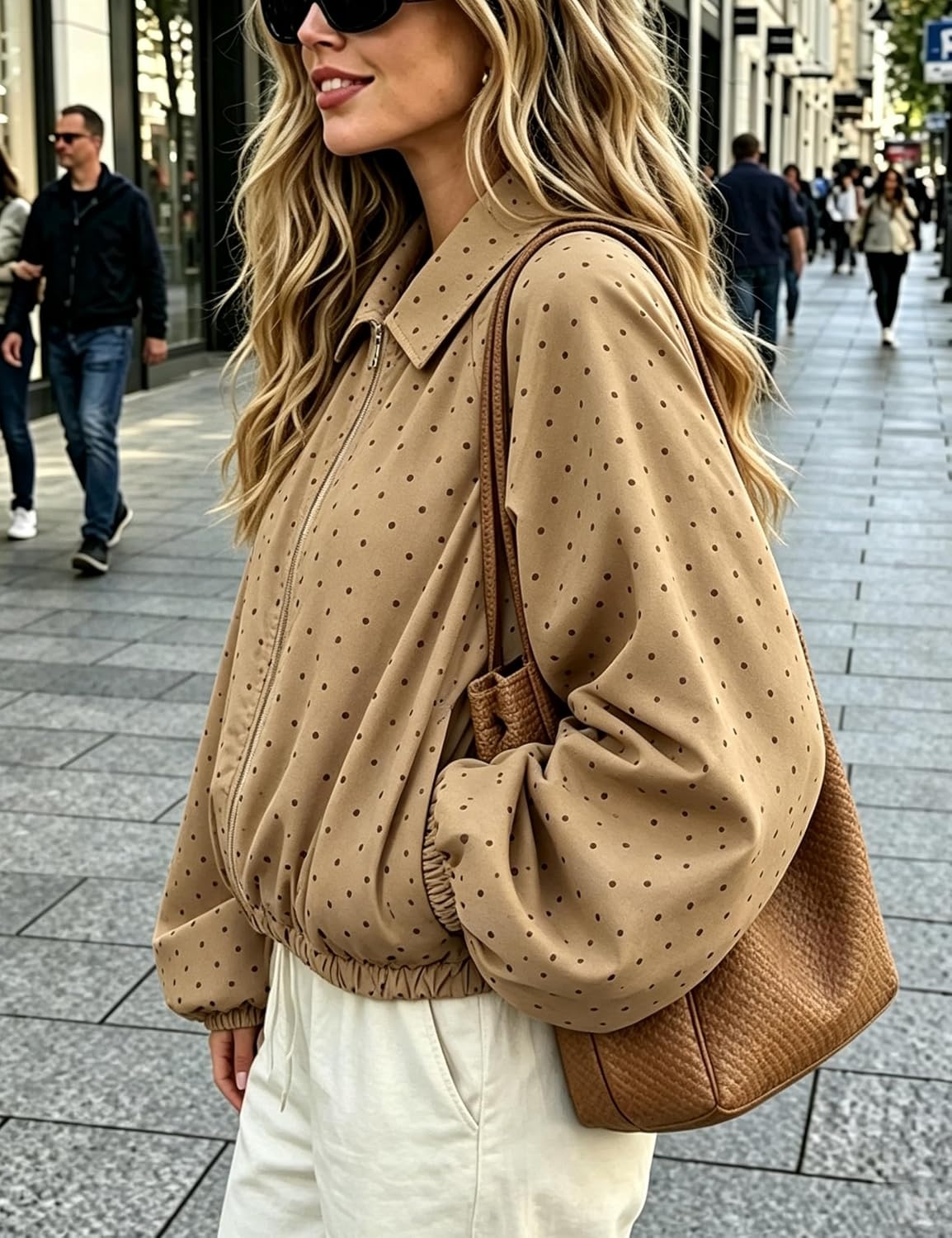 image:imageYeokou Womens Polka Dot Cropped Zip Up Jacket Bomber Coat Fall OuterwearBrown