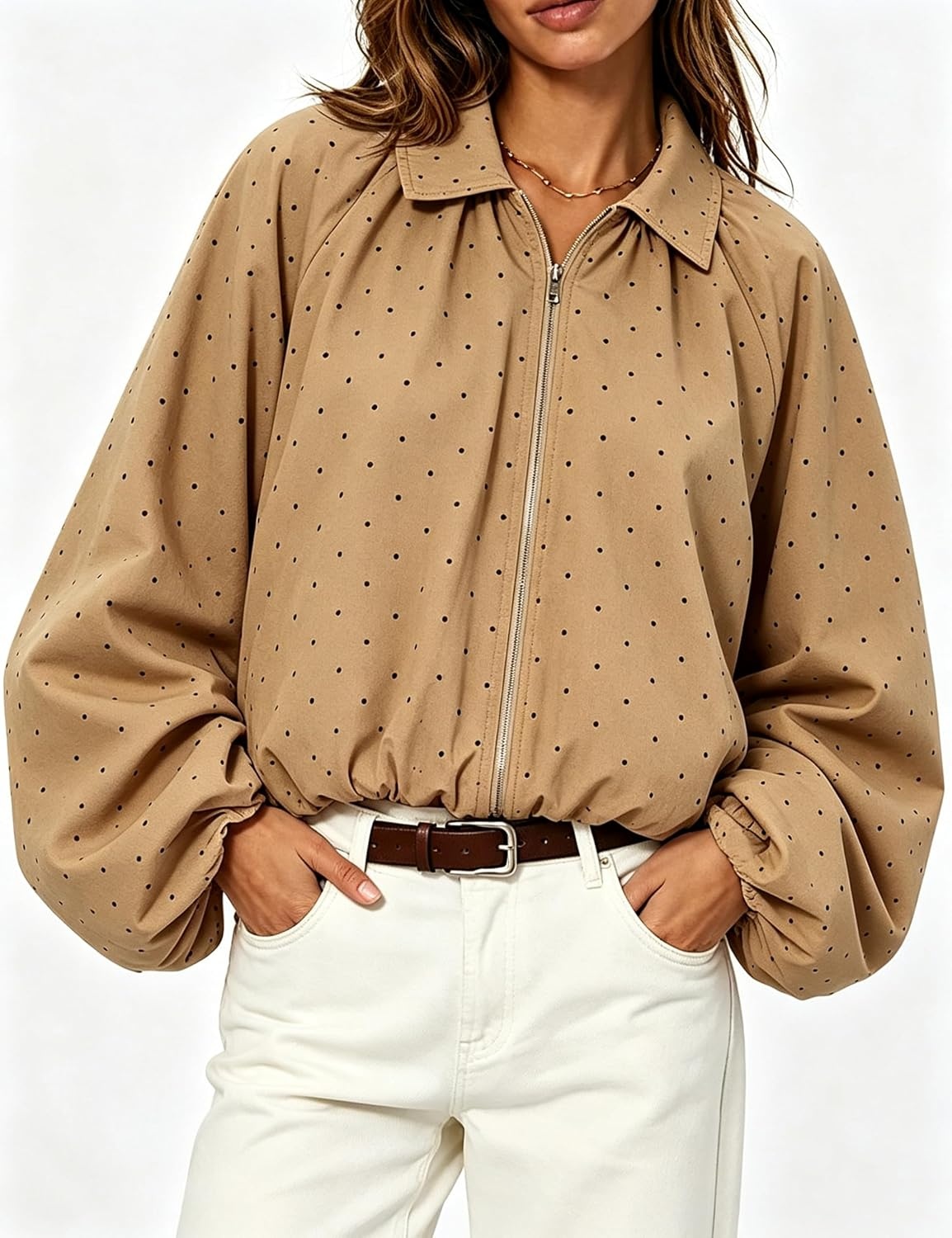 image:imageYeokou Womens Polka Dot Cropped Zip Up Jacket Bomber Coat Fall OuterwearBrown