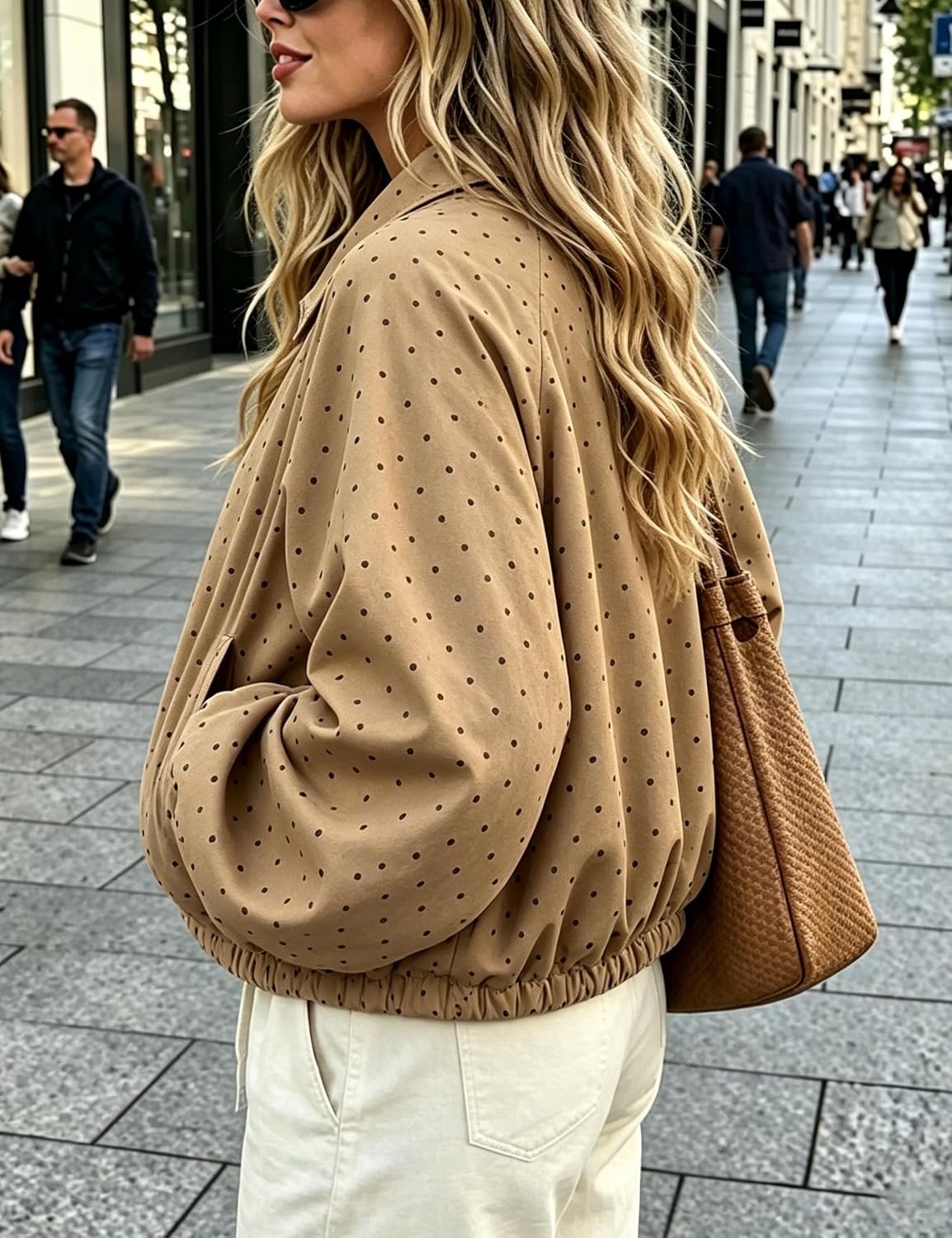 image:imageYeokou Womens Polka Dot Cropped Zip Up Jacket Bomber Coat Fall OuterwearBrown
