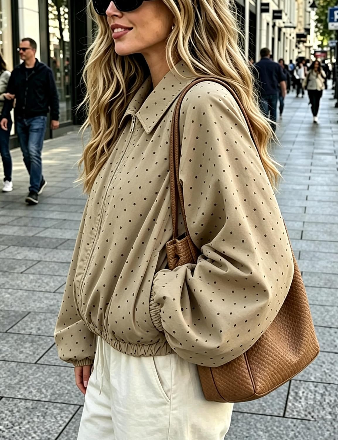 image:imageYeokou Womens Polka Dot Cropped Zip Up Jacket Bomber Coat Fall OuterwearKhaki