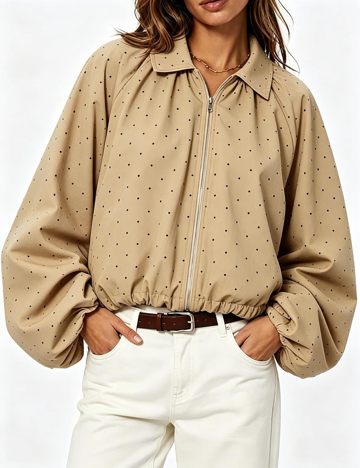 image:imageYeokou Womens Polka Dot Cropped Zip Up Jacket Bomber Coat Fall OuterwearKhaki