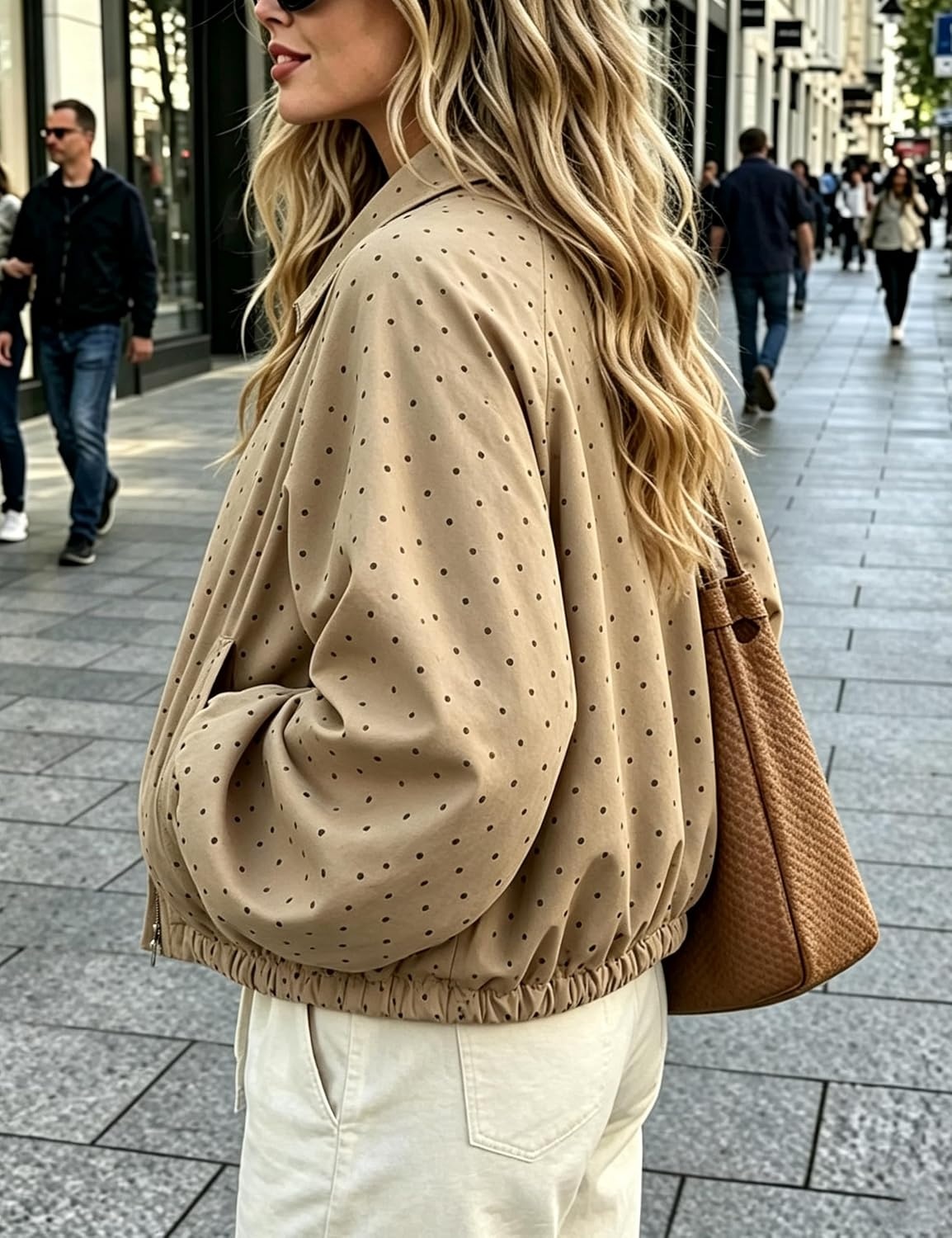 image:imageYeokou Womens Polka Dot Cropped Zip Up Jacket Bomber Coat Fall OuterwearKhaki