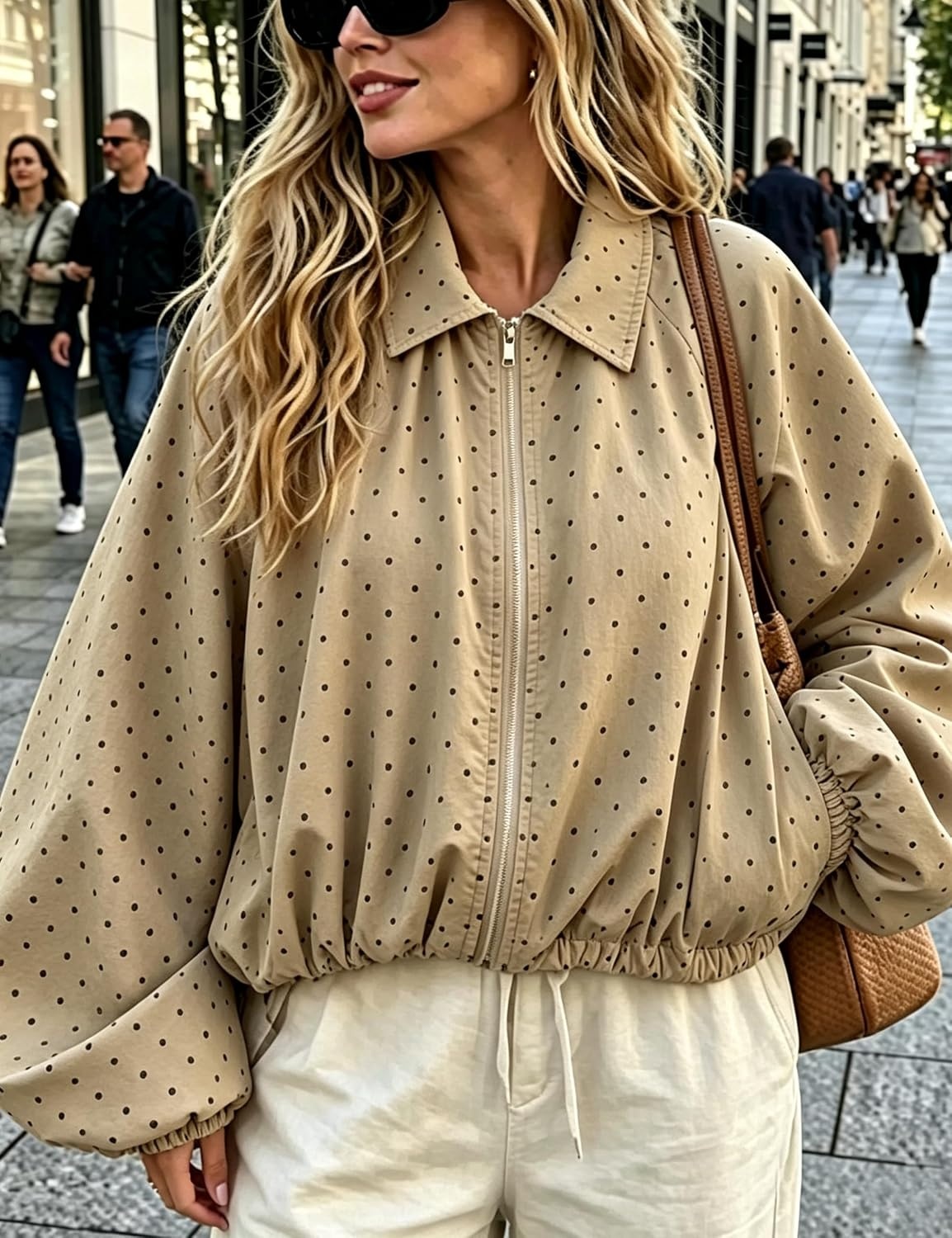 image:imageYeokou Womens Polka Dot Cropped Zip Up Jacket Bomber Coat Fall OuterwearKhaki