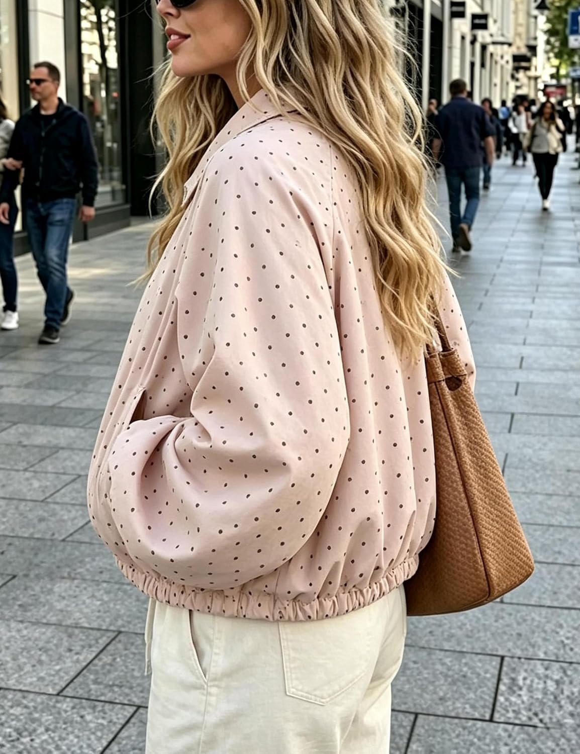 image:imageYeokou Womens Polka Dot Cropped Zip Up Jacket Bomber Coat Fall OuterwearPink