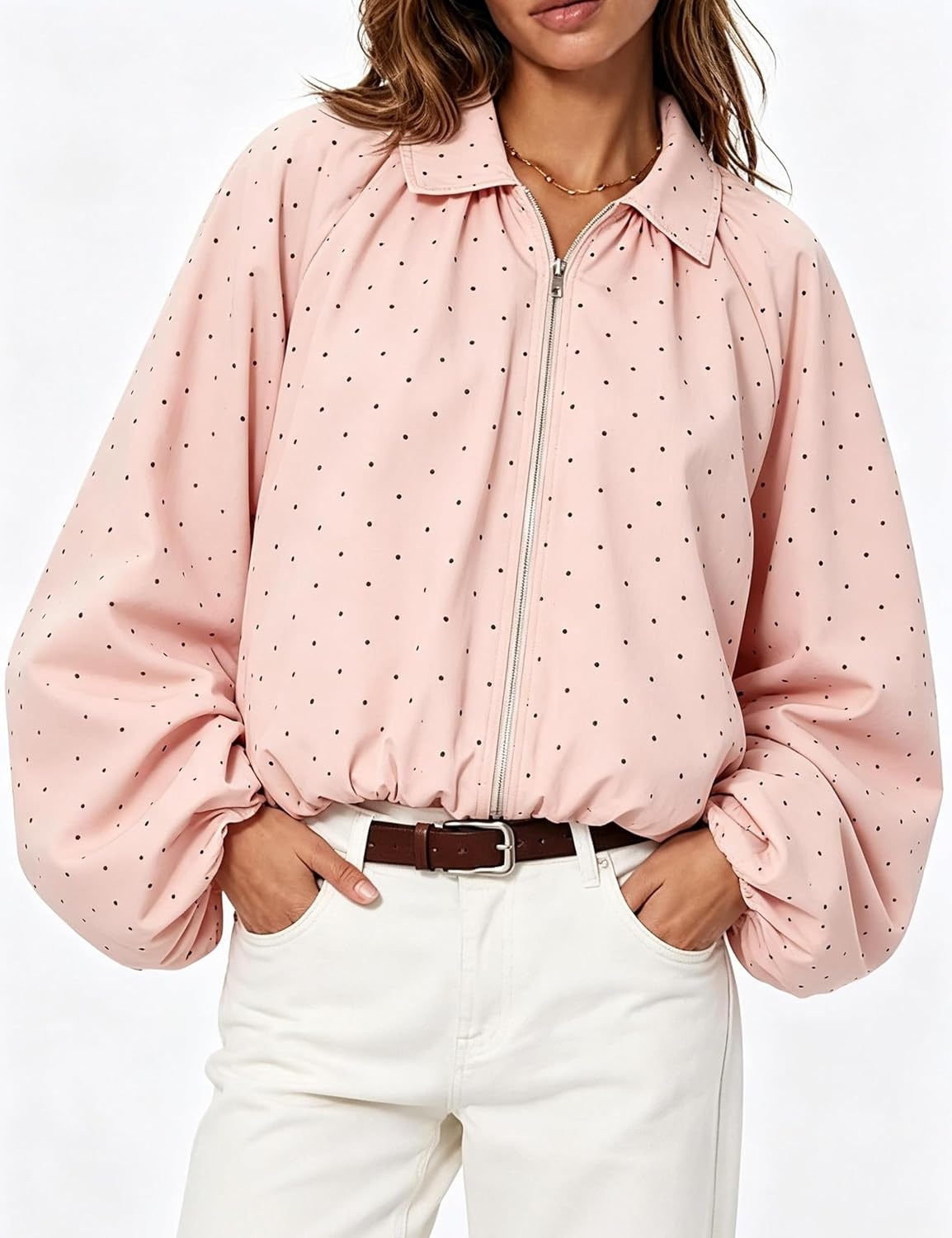 image:imageYeokou Womens Polka Dot Cropped Zip Up Jacket Bomber Coat Fall OuterwearPink