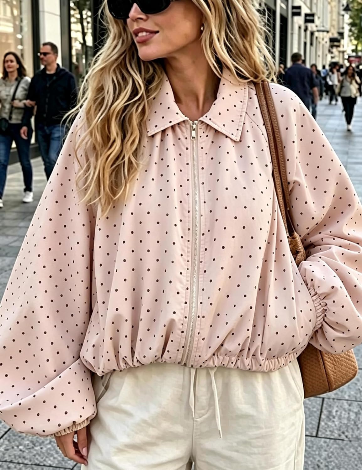 image:imageYeokou Womens Polka Dot Cropped Zip Up Jacket Bomber Coat Fall OuterwearPink
