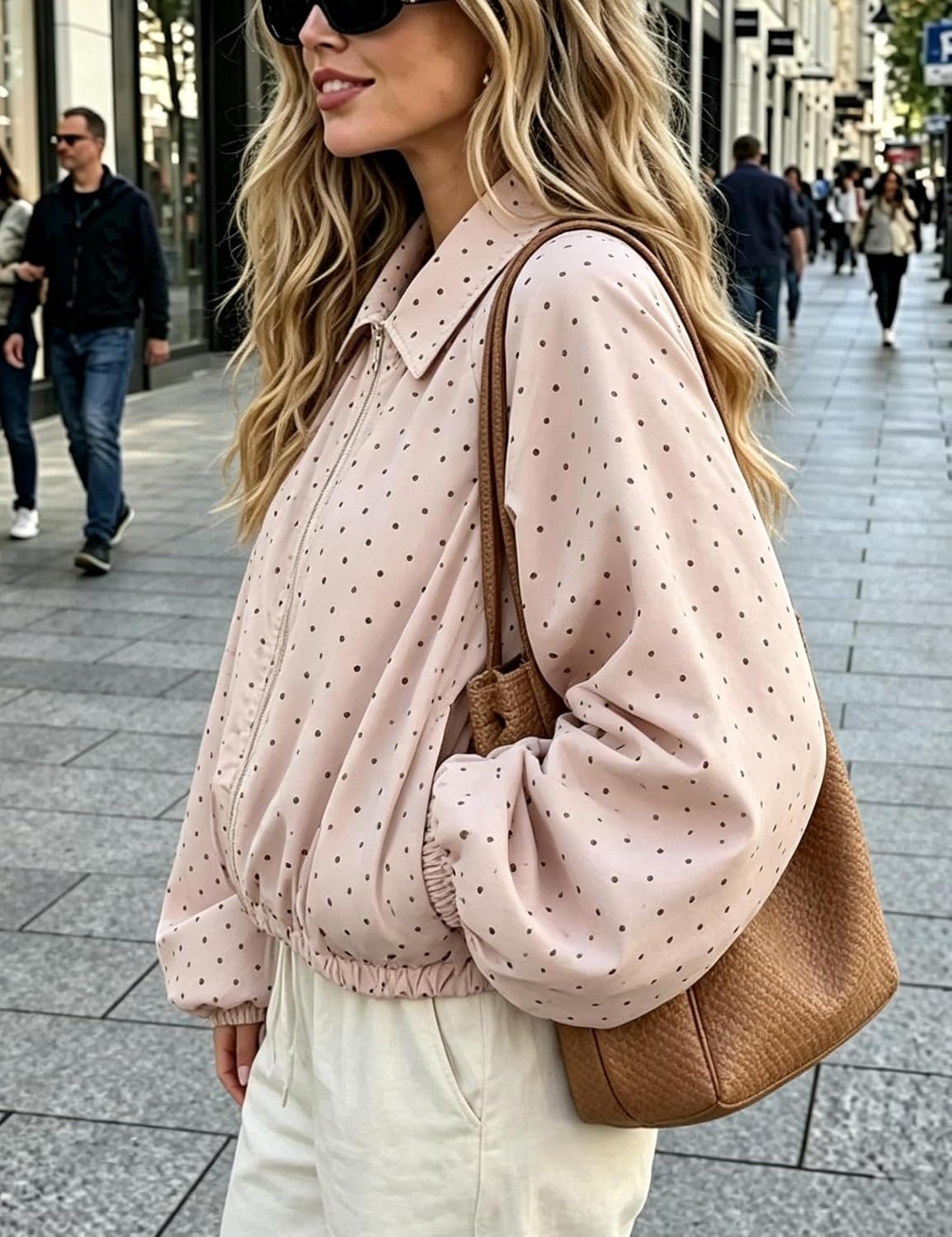 image:imageYeokou Womens Polka Dot Cropped Zip Up Jacket Bomber Coat Fall OuterwearPink
