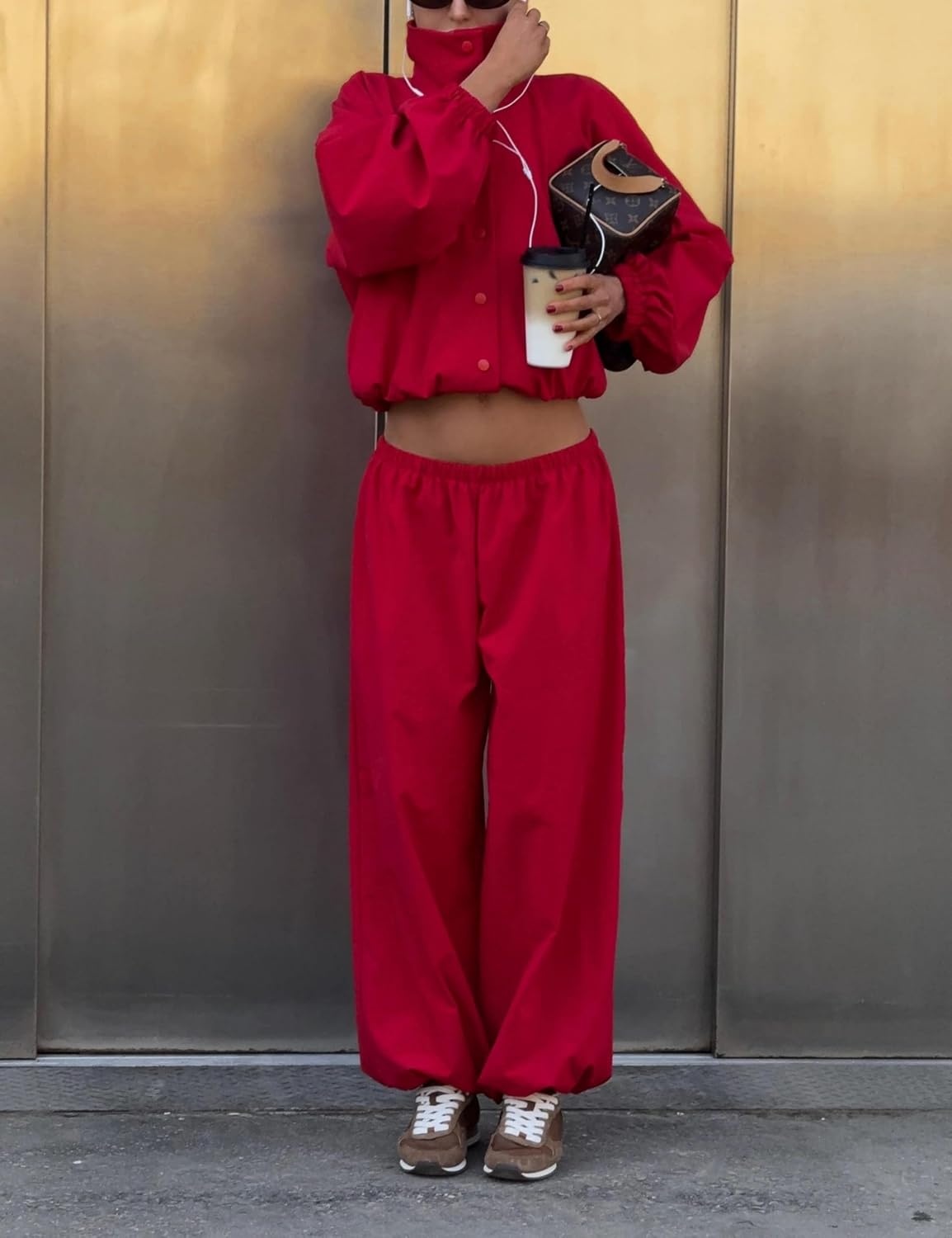 image:imageYeokou Womens Ruffle Hem Cropped Jacket Stand Collar Button Down CoatRed
