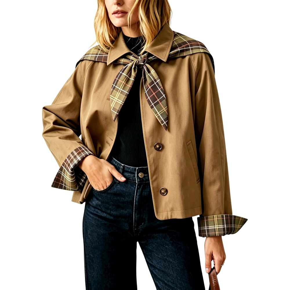 image:imageYeokou Women Oversize Trench Coat Plaid Lining Scarf Tie JacketCamel