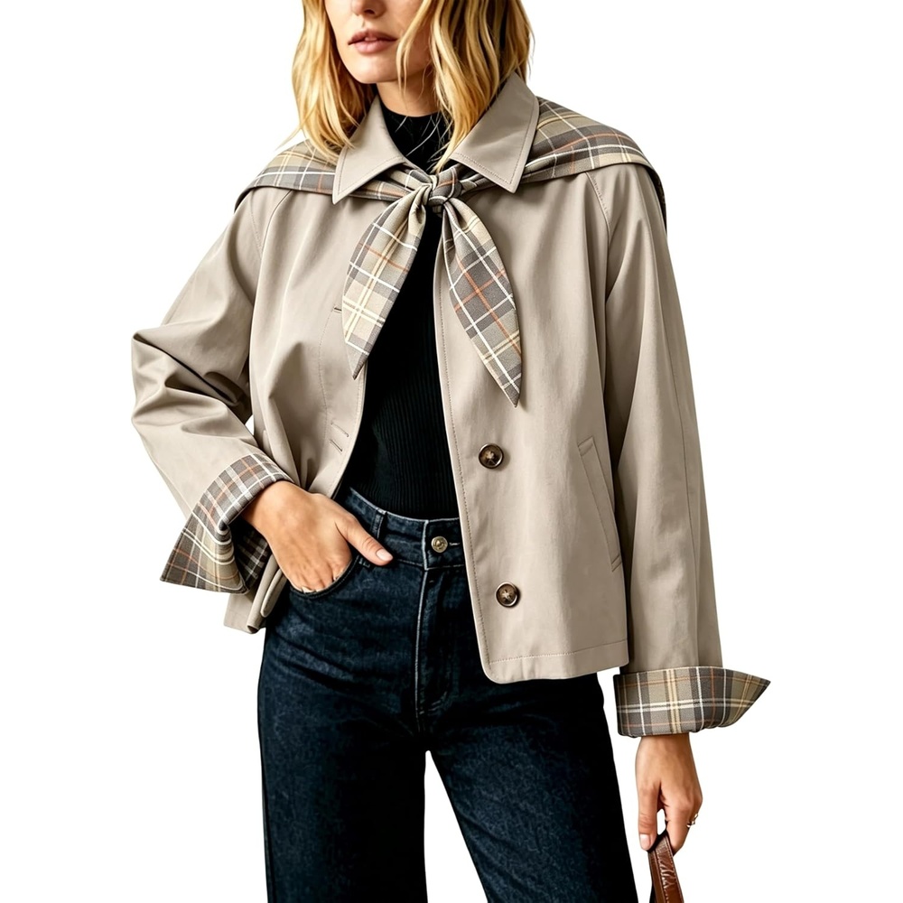 image:imageYeokou Women Oversize Trench Coat Plaid Lining Scarf Tie JacketLighttaupe