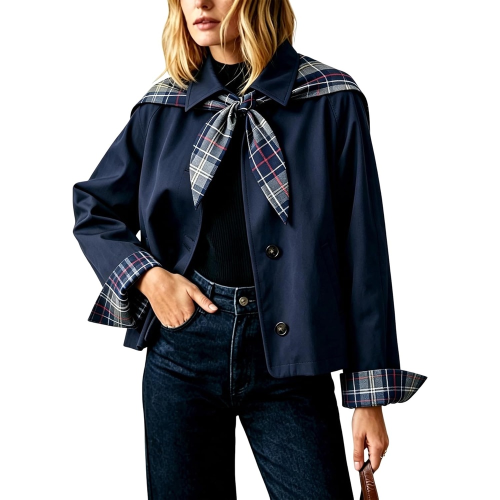 image:imageYeokou Women Oversize Trench Coat Plaid Lining Scarf Tie JacketNavy