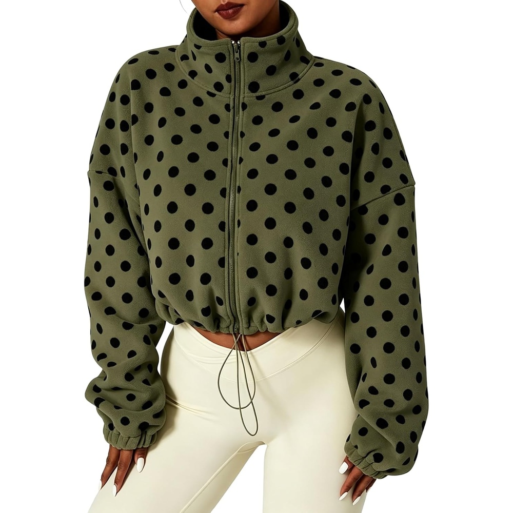 image:imageYeokou Womens Full Zip Fleece Jacket Polka Dot Drawstring CoatArmygreen