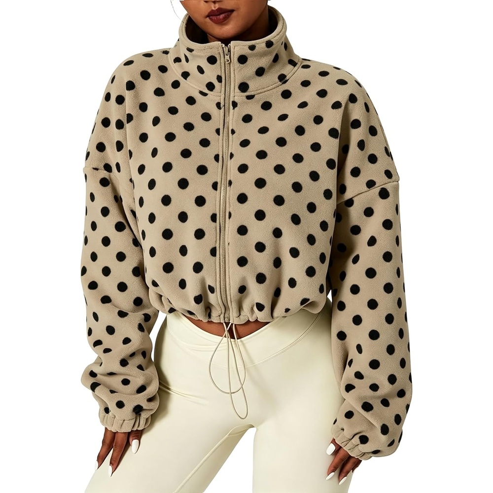 image:imageYeokou Womens Full Zip Fleece Jacket Polka Dot Drawstring CoatCamel