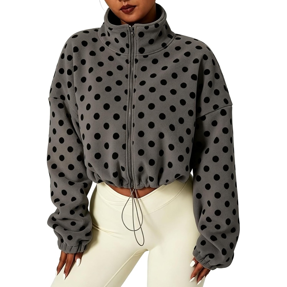 image:imageYeokou Womens Full Zip Fleece Jacket Polka Dot Drawstring CoatDarkgrey
