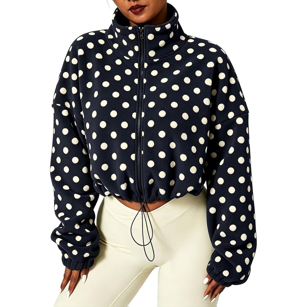 image:imageYeokou Womens Full Zip Fleece Jacket Polka Dot Drawstring CoatNavy