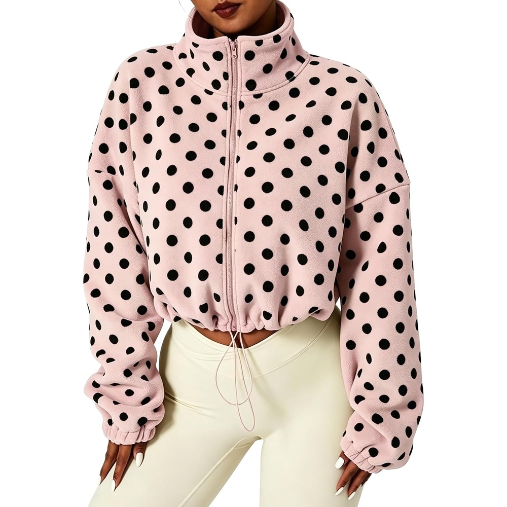 image:imageYeokou Womens Full Zip Fleece Jacket Polka Dot Drawstring CoatPink