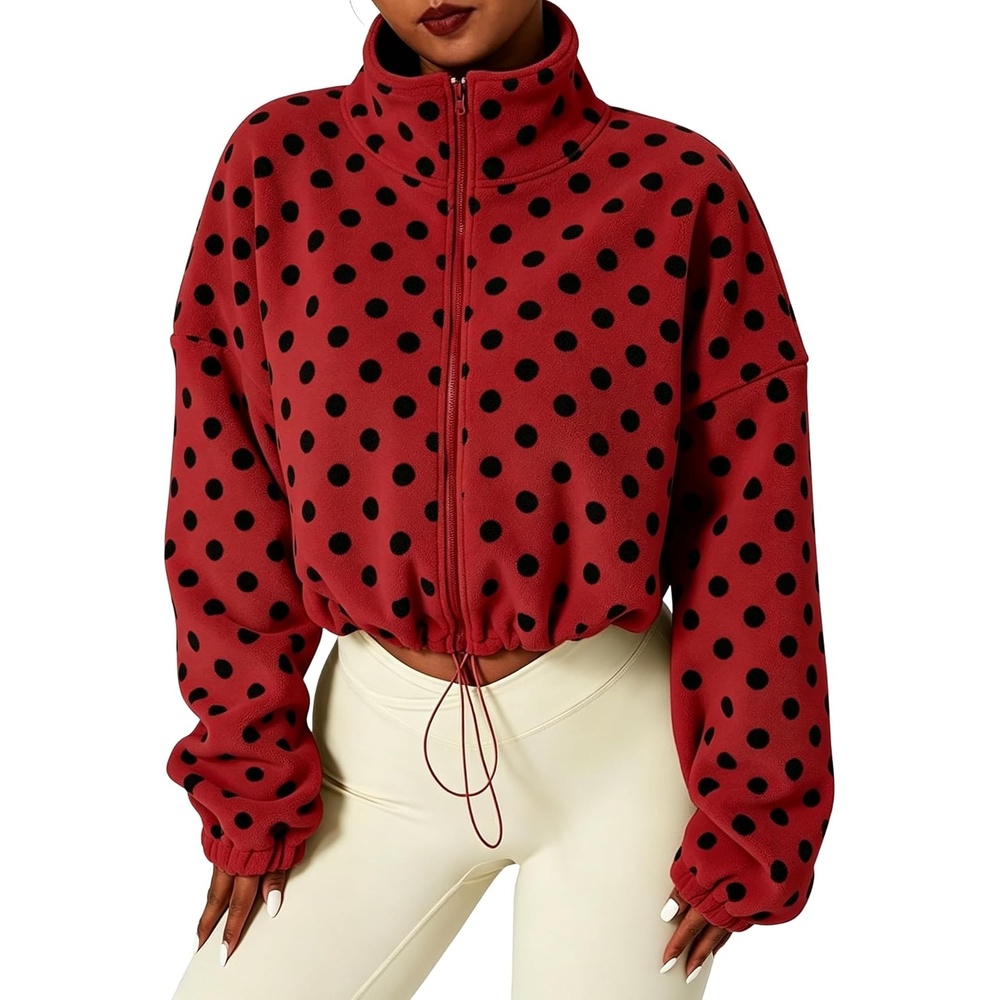 image:imageYeokou Womens Full Zip Fleece Jacket Polka Dot Drawstring CoatRed
