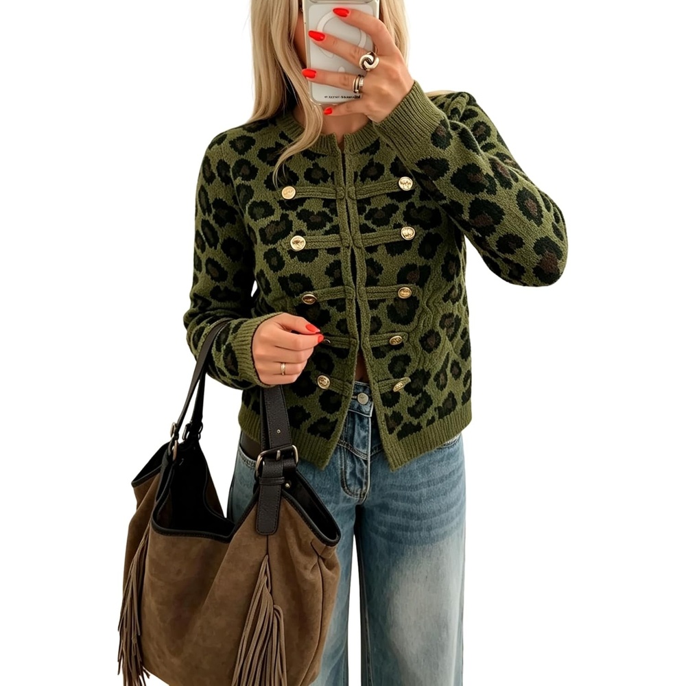 image:imageYeokou Womens Leopard Knit Cardigan Sweater Button Front Cropped OutwearArmygreen