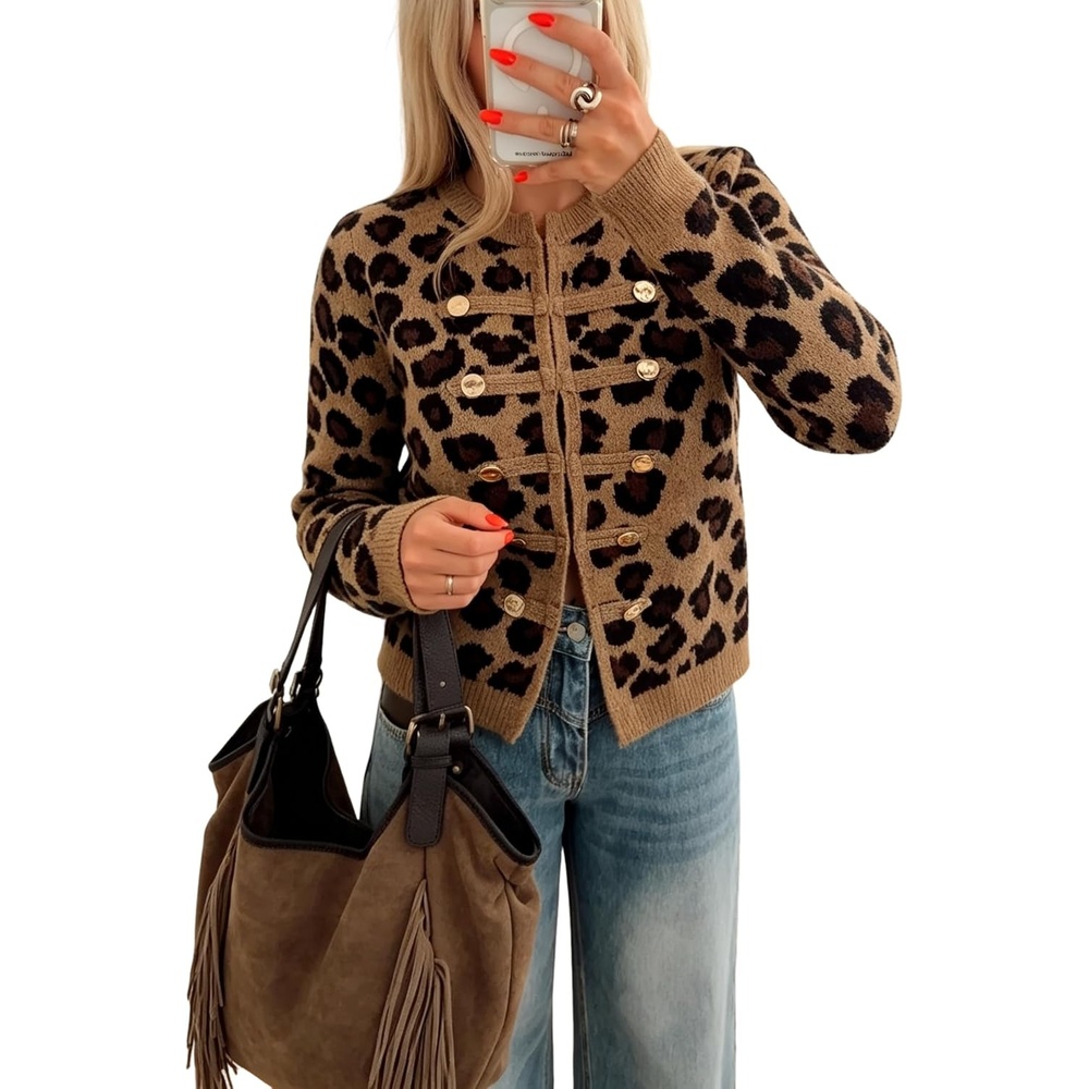 image:imageYeokou Womens Leopard Knit Cardigan Sweater Button Front Cropped OutwearBrown