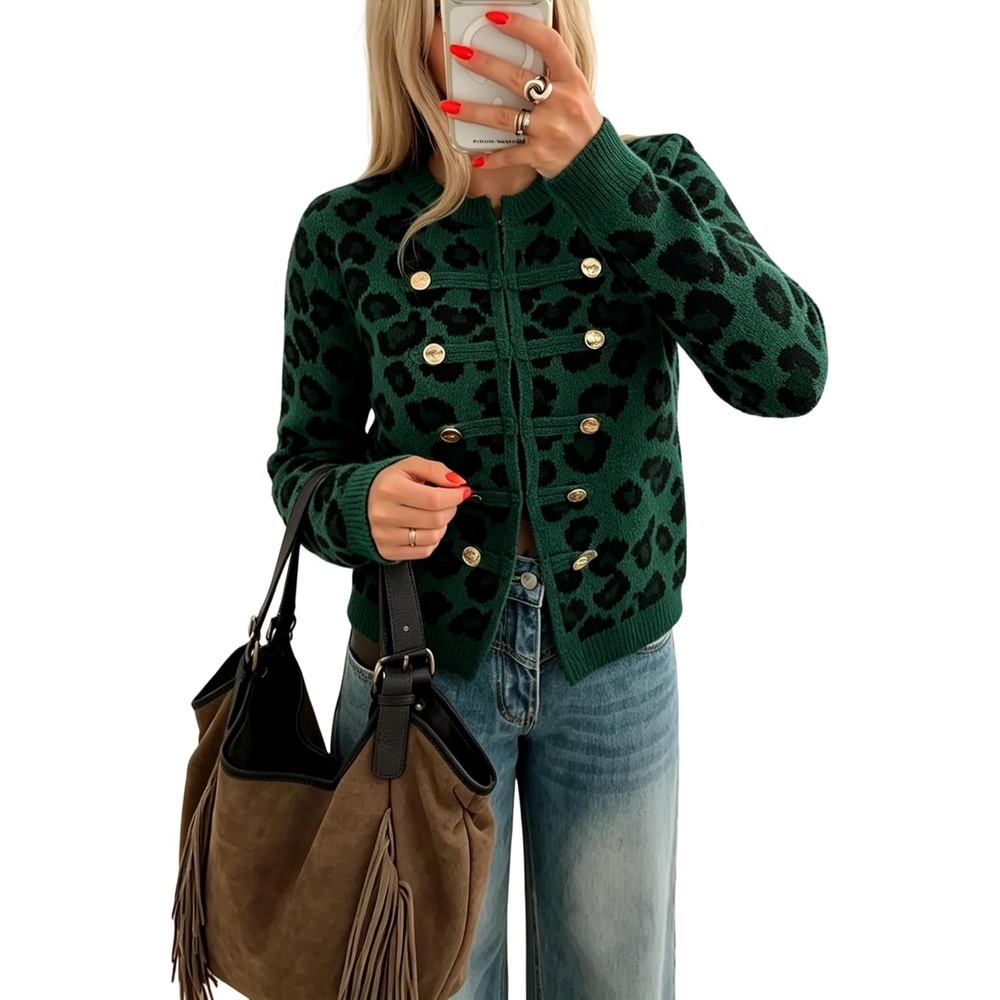 image:imageYeokou Womens Leopard Knit Cardigan Sweater Button Front Cropped OutwearGreen