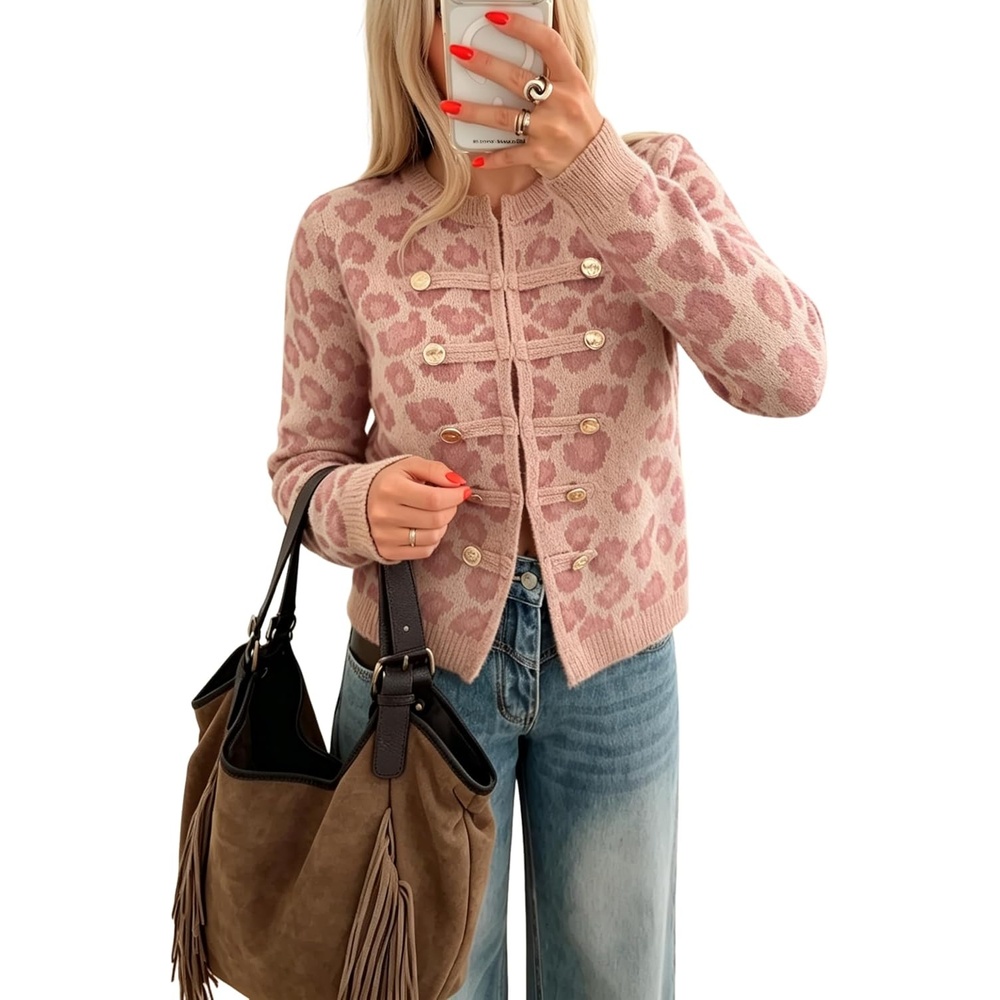 image:imageYeokou Womens Leopard Knit Cardigan Sweater Button Front Cropped OutwearPink