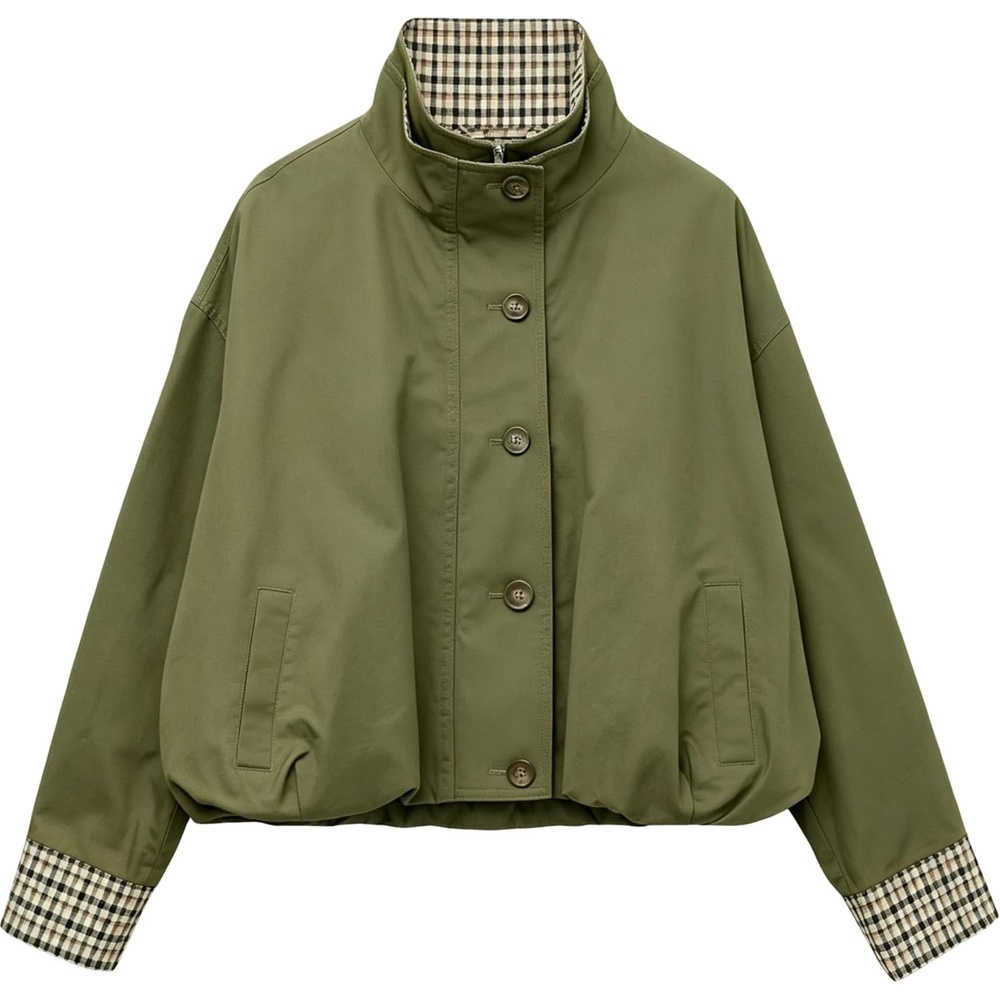 image:imageYeokou Womens Oversized Bomber Jacket Plaid Lined Zip Button CoatArmygreen