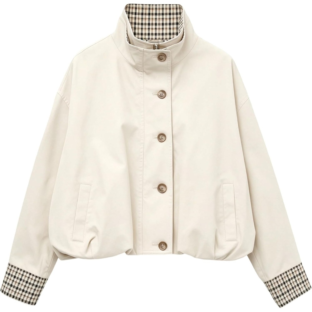 image:imageYeokou Womens Oversized Bomber Jacket Plaid Lined Zip Button CoatBeige