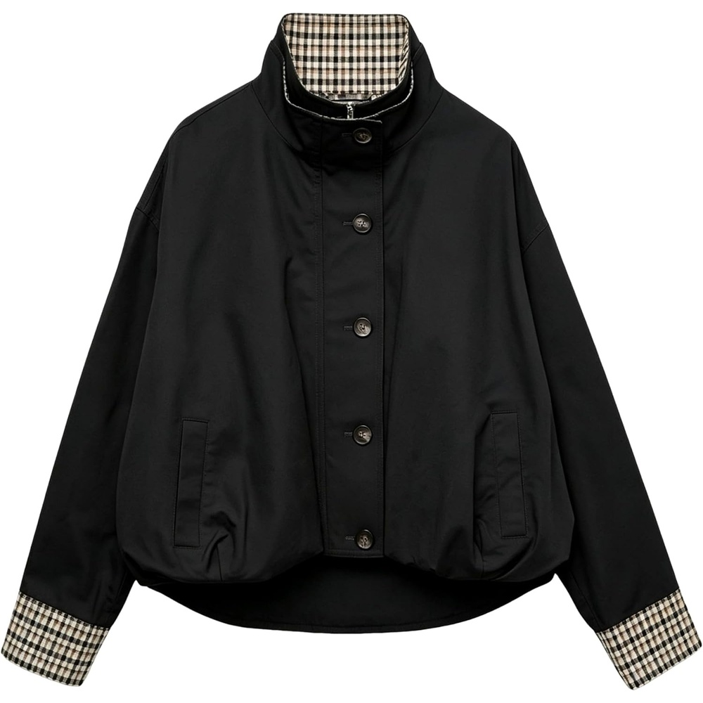 image:imageYeokou Womens Oversized Bomber Jacket Plaid Lined Zip Button CoatBlack
