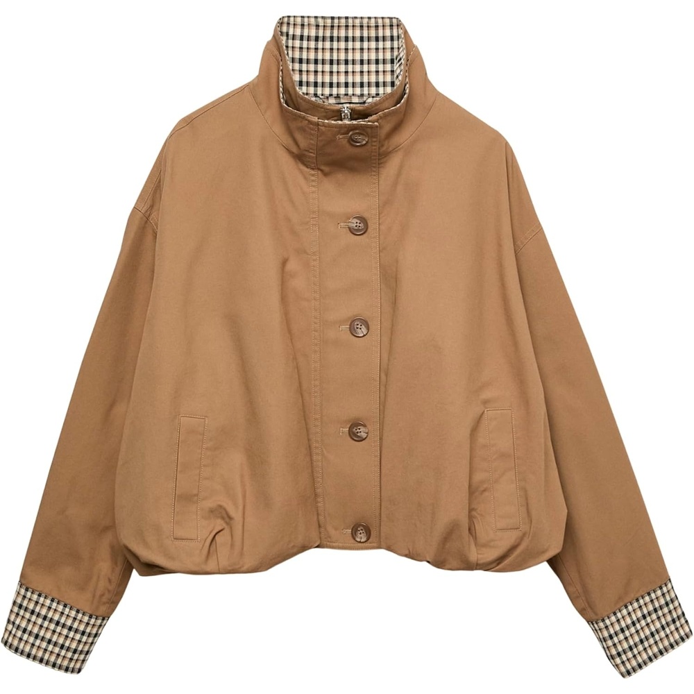 image:imageYeokou Womens Oversized Bomber Jacket Plaid Lined Zip Button CoatCamel