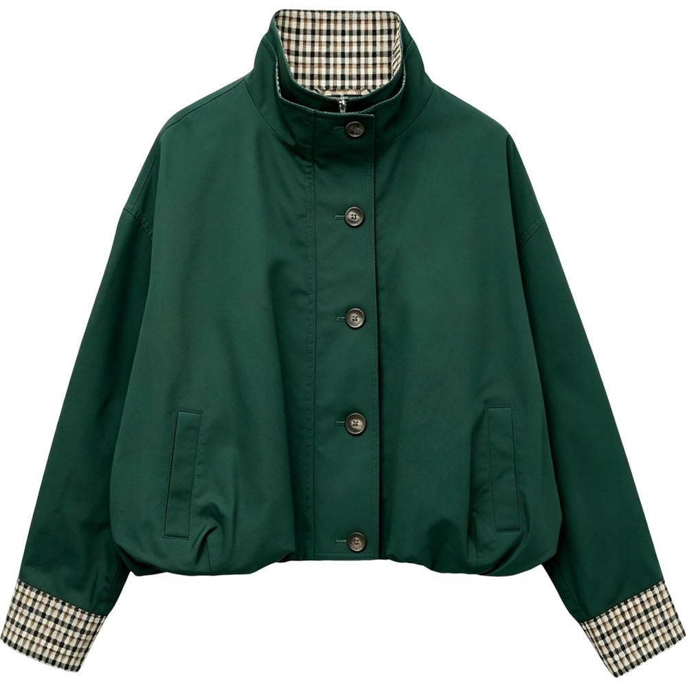 image:imageYeokou Womens Oversized Bomber Jacket Plaid Lined Zip Button CoatDarkgreen
