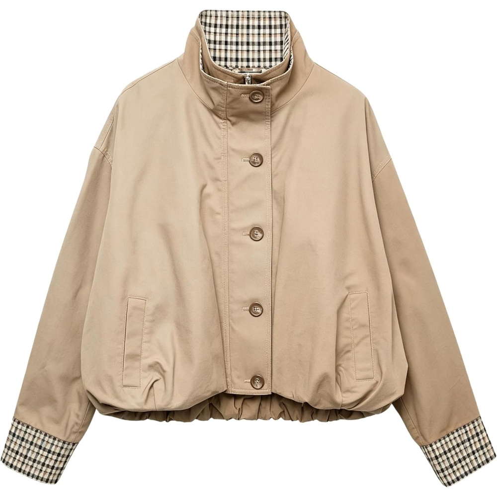 image:imageYeokou Womens Oversized Bomber Jacket Plaid Lined Zip Button CoatKhaki