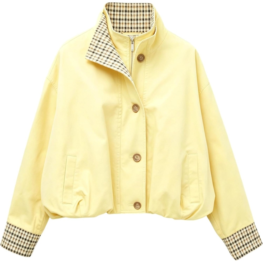 image:imageYeokou Womens Oversized Bomber Jacket Plaid Lined Zip Button CoatYellow