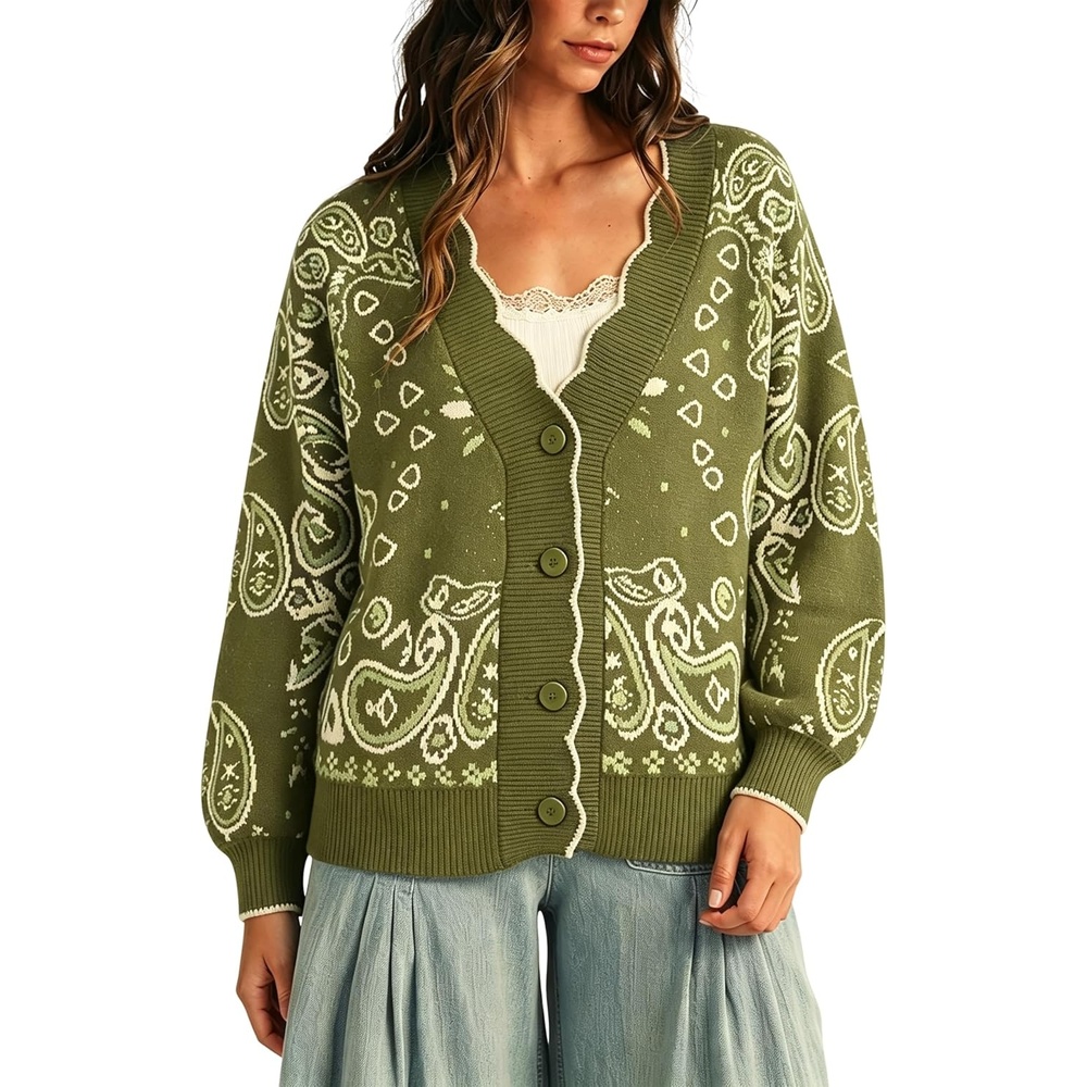 image:imageYeokou Womens Paisley Sweater Scalloped Trim Button Knit Cardigan JacketArmygreen