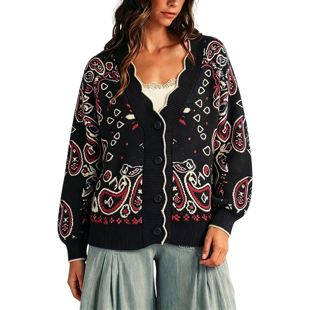 image:imageYeokou Womens Paisley Sweater Scalloped Trim Button Knit Cardigan JacketBlack