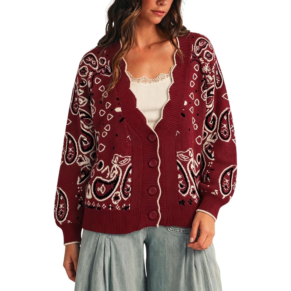 image:imageYeokou Womens Paisley Sweater Scalloped Trim Button Knit Cardigan JacketBurgundy